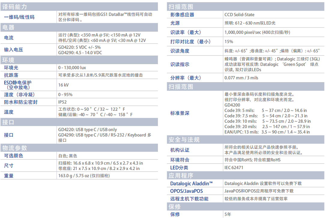 得利捷Gryphon GD4200手持式掃碼槍參數(shù)